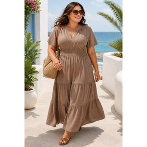 NWT Baltic Born Tiered Maxi Dress Brown Boho Flowy Lightweight Split Neck 1X